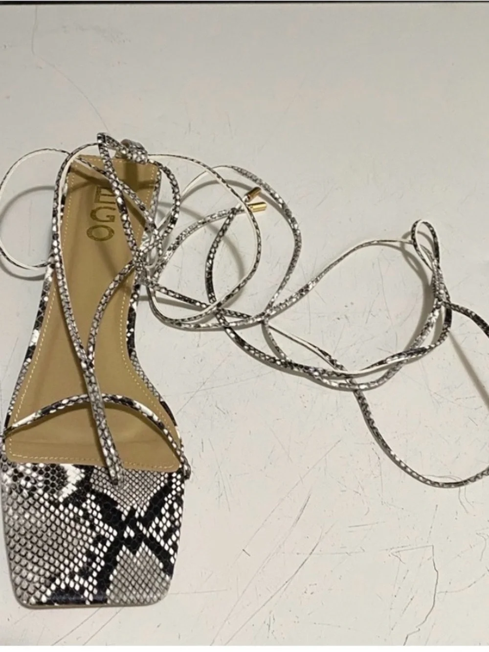 Snake-Print Lace-Up Sandal in Black & White